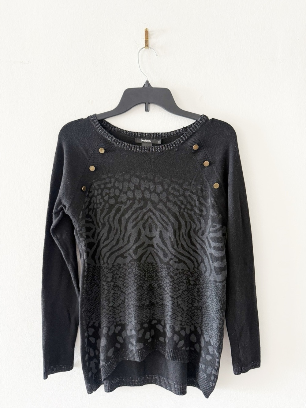 Desigual Black Mixed Animal Print Sweater Top Size Small (S)